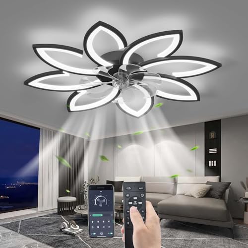 YUNZI Stumm Deckenventilator mit Beleuchtung mit Fernbedienung, LED Dimmbar Ventilator Deckenleuchte Modern Licht für Wohnbereich Schlafzimmer, Einstellbar 6 Geschwindigkeiten, Schwarz 90CM