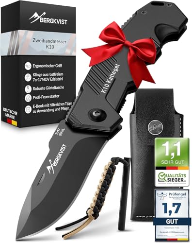 BERGKVIST® K10 Klappmesser (Zweihandmesser) - scharfes Taschenmesser für Outdoor & Survival mit Feuerstahl & Tasche - Mitführen in Deutschland erlaubt - Vollmetall