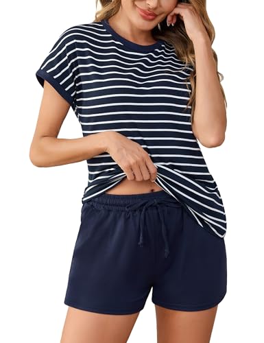 Litherday Schlafanzug Damen Kurz Baumwolle Gestreift Nachtwäsche Kurzarm Pyjama Set Zweiteiliger T-Shirt mit Rundhals Sleepwear für Frauen Marineblau M