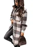 Yming Lässige Oversize Jacke Mit Reversknopf Für Damen Langer Karierter Hemdmantel Tartan Shacket Jacke Grau M