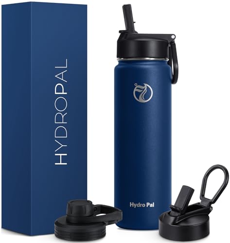 HydroPal Edelstahl Trinkflasche - 750ml, 1L, 1,2L, BPA-Frei, Kohlensäure geeignet, Isolierte flasche mit Strohhalm & 2 Deckel, Auslaufsichere Isolierflasche für Kinder, Sport, Fitness
