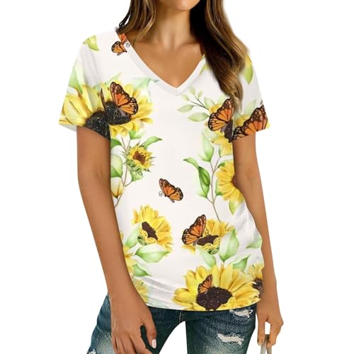 ???? ???????? des Tages, T-Shirt Damen V Ausschnitt Kurzärmlige Streetstyle Festliche Übergrößen T-Shirts Schule V Ausschnitt Weich Longtops Mode Grosse Grössen Weiß S