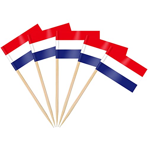AhfuLife 100 Stück Niederlande Zahnstocher Flaggen, Niederländische Deko Fahne Klein Zahnstocher für 2024 EM Euro Eurovision Song Contest Olympische Cupcake Topper Toothpick Cocktail Party Pub Deko