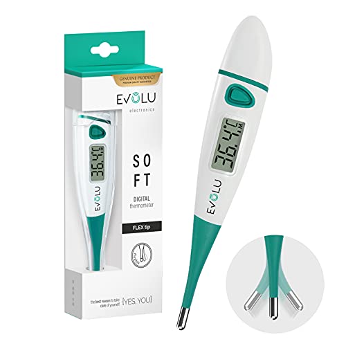 Evolu Wasserdichtes Flexibles Digitales Thermometer Messung in Mund, Rektal oder Achsel mit flexibler Messspitze in 10 Sek - Babys, Kinder, Erwachsene - hohe Präzision - mit Aufbewahrungsbox