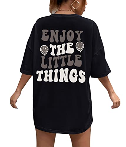 Tomwell T-Shirt Damen Kurzarm Sport Sommer Oberteile Oversize Tshirt mit Buchstaben Muster Sweatshirt Lose Rundhals Rückendruck Bluse Teenager Mädchen Tunika Lang Top C Schwarz XL