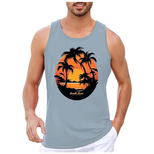 Herren Sommerurlaub Strand Hawaii Kokosnussbaum Thema Top Weste Ärmelloses Top Summer Tops Herren Ärmelloses T-Shirt für Herren T-Shirt Sport Herren (Light Blue, L)