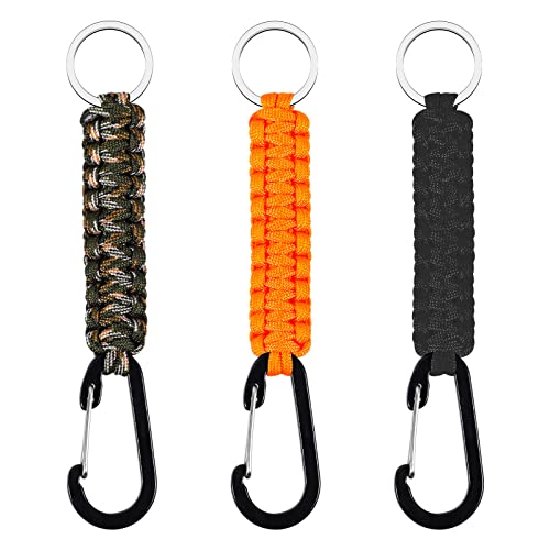 XREE 3 Stück Paracord Schlüsselanhänger, Schlüsselband mit Karabiner Geflochtenes Lanyard für Survival Camping Wandern(Schwarz&Orange&Tarnung)