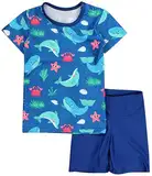 Aquarti Baby Jungen Bade-Set Zweiteiliger Kinder Badeanzug T-Shirt Badehose UV-Schutz, Farbe: Wale Dunkelblau Grün, Größe: 116