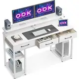 ODK Schreibtisch Weiß, Schreibtisch mit 3 Schubladen, Computertisch mit Regal, 120x50x90cm Bürotisch mit Monitorständer, PC-Tisch für Home Office, Büro, Wohnzimmer