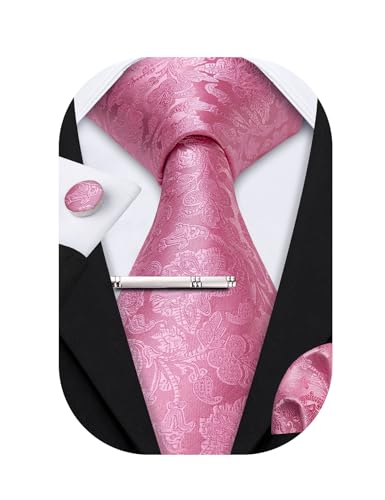 Barry.Wang Seiden-Krawatten Business mit Taschentuch und Manschettenknöpfen, Krawatten Set für festliche Hochzeit, Rosa, One size