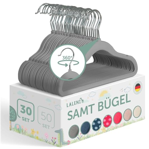 Laleni 30er Set schmale Kinderkleiderbügel mit Samtbezug - rutschfeste Kleiderbügel für Kinder, platzsparende Baby Kleiderbügel, 360° drehbar, Grau