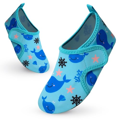Vorvowry Badeschuhe Kinder Mädchen Jungen Wasserschuhe rutschfeste Schwimmschuhe Schnell Trocknend Aquaschuhe Leicht Strandschuhe Barfußschuhe Badesocken Kleinkinder Hellblauer Wal 28-29