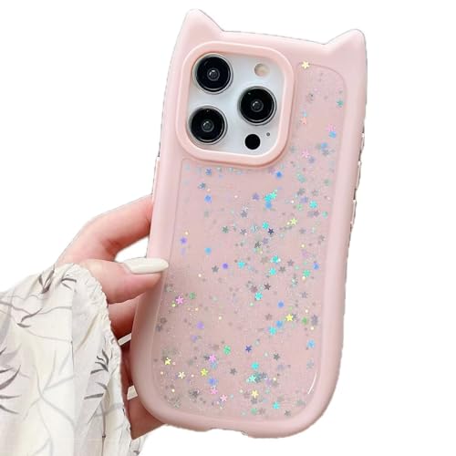 Rnrieyta Miagon Niedlich Katzenohren Hülle für iPhone 15 Pro,Glitzer Weiche Silikon 3D Tier Handytasche für Frauen Mädchen Kawaii Bling Stern Bumper