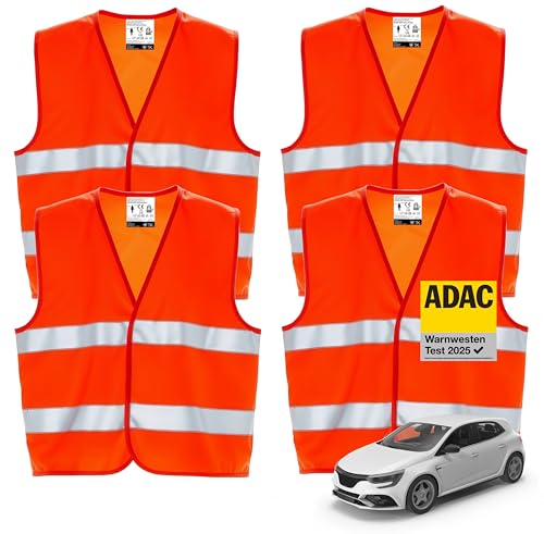 4er Warnwesten Auto ISO20471 orange 2025 - leuchtende & reflektierende Sicherheitswesten für PKW & LKW - Autozubehör für Notfälle und Pannen