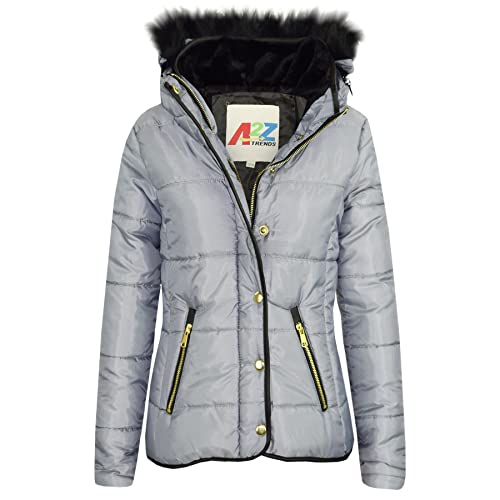 A2Z 4 Kids Gepolstert Puffer Gesteppt Mantel Fälschung Pelz Halsband Abnehmbar Kapuze - Jacket Puffer 411 Silver 9-10.