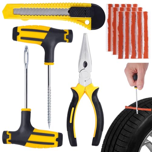 Reifenreparaturset,Tyre Puncture Repair Kit, Reifen Reparaturset,Universal Tragbares Reifenpannenset,Reifen-Flick-Set,15 Vulkanisierende Streifen,2 T-Griffe und 1 Zange,für Auto,Jeep,ATV,LKW,Traktor