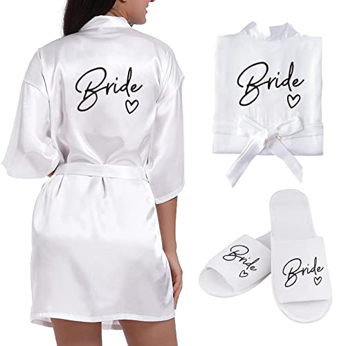 BETESSIN Bride Morgenmantel Damen Bademantel Satin Kimono V Ausschnitt Nachtwäsche mit Hausschuhe für Hochzeit JGA Partydeko