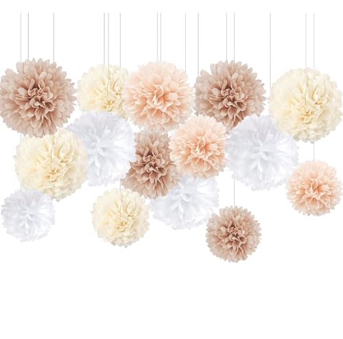 Seidenpapier Pompons, 20 Stück Pompoms Deko Tissue Papier Pom Poms Party Dekorationen für Hochzeit Geburtstag Babyparty Abschlussball Festival Weihnachten Karneval (beige)