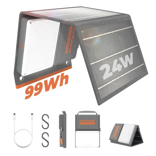 LUMOPAL Tragbare Solar Ladegerät 99.9Wh Solar Powerbank mit 24W Solarpanel Faltbar 65W PD USB-C, 22W QC3.0 USB-A Output Für Camping, Draußen, Reisen, Notfälle