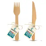 100 Holzgabeln + 100 Holzmesser Set | 200 Stück Einweg Besteck Set | Einweggeschirr Set aus Holz | Einwegbesteck Holzbesteck Holzgeschirr (100 Gabeln & 100 Messer)