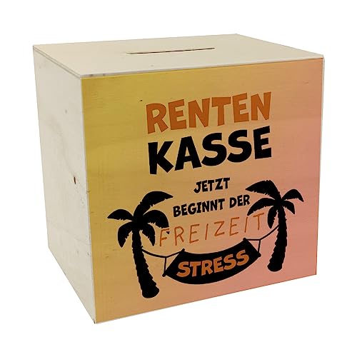 Rentenkasse - jetzt beginnt der Freizeitstress Spardose aus Holz als lustige Geschenkidee für den Renteneintritt von Kollegen und Großeltern mit Palmenmotiv