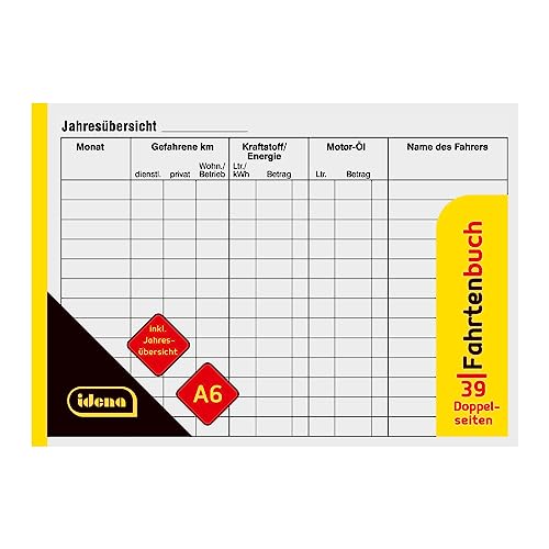 Idena 10844 - Fahrtenbuch, DIN A6, für ca. 312 Fahrten, 39 Doppelseiten, vom Finanzamt anerkannt