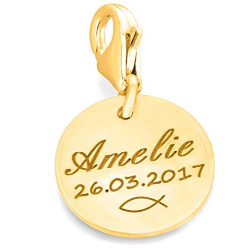 Charms Anhänger 925 Silber gold mit Gravur Namensanhänger zur Taufe Taufdatum Geschenk Patenkind Mädchen Kinderschmuck mit Daten Bettelarmband Zusatzanhänger | HANDMADE IN GERMANY