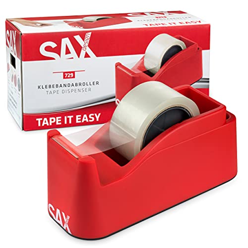 SAX Tape it Easy XXL Einhand Klebeband Abroller extra Schwer | für 1x 50mm Band oder 2x 25mm Band, Paketbandabroller mit Stiftehalter Funktion, rutschfest, inkl. doppelseitige Klinge, Rot
