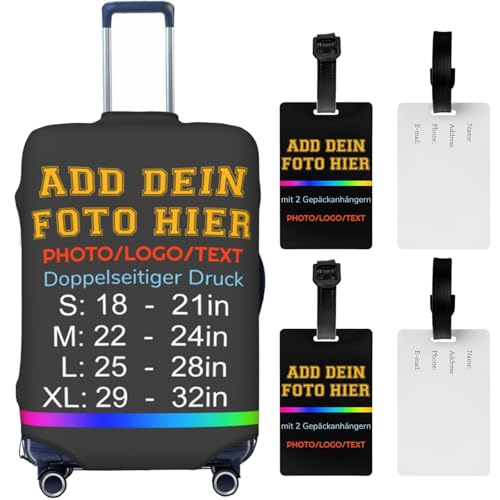 Personalisierter Reisekoffer-Schutz - Mit 2 Stück Kofferanhänger Personalisierte Individuelle Kofferschutzhülle - (4 Größen) - Doppelseitig Designs - Füge Dein Eigenes Foto, Namen, Text Hinzu