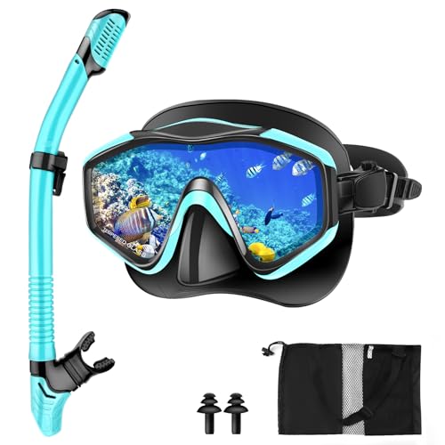 Nigecue Schnorchelset Erwachsene, Schnorcheln Set mit Taucherbrille und Dry Schnorchel, Anti-Leck Anti-Fog Tauchmaske aus Gehärtetem Glas für Schnorcheln, Schwimmen und Tauchen