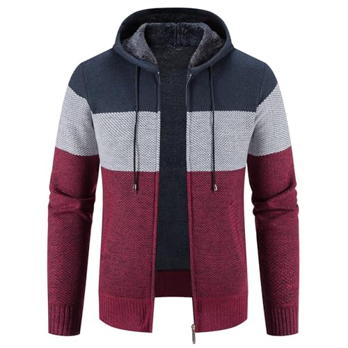 KUDMOL Herren Strickjacke mit Kapuze Durchgehender Reißverschluss Warme Gemischte Farbe Dicke Gestrickte Cardigan(Weinrot-Schwarzer Mix,M)