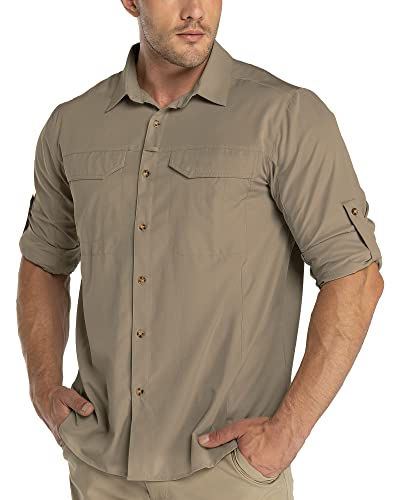33,000ft Funktionshemd Herren UPF50+ UV-Schutz Langarm Hemd Atmungsaktiv Button-Down-Hemd Outdoor Sportliches Freizeithemd Angelhemd Für Männer Braun L