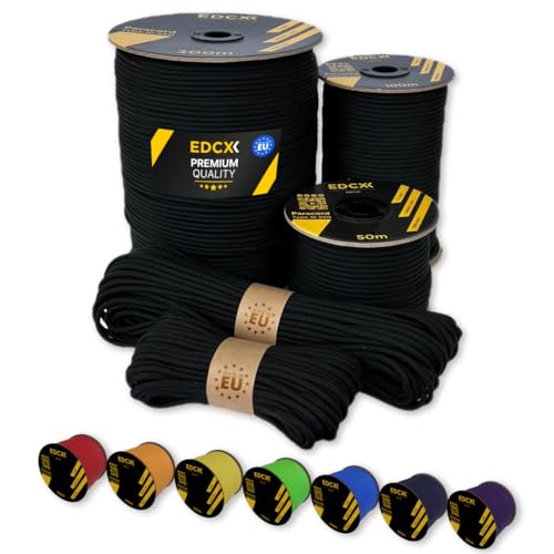 EdcX Paracord 4 mm, 35+ Volltonfarben (10 m, 15 m, 30 m, 50 m, 100 m, 300 m) | Ideal zum Basteln, Camping, Outdoor | 100% Nylonseil 4 mm| Taktische Schnur 550 Typ III (Black, 10 m)