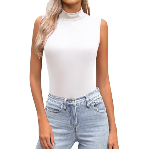 Tunika Sommer mit Stehkragen für Damen in Slim Fit, lässiges Stretch-Basic-T-Shirt Hemdchen Viskose (White, XS)