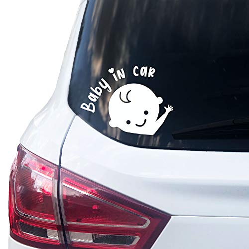 P007 | Baby in Car Aufkleber 14cm x 10cm Auto Sticker Babyaufkleber Autoaufkleber Vinyl Baby on board (V1 Junge, Weiss)