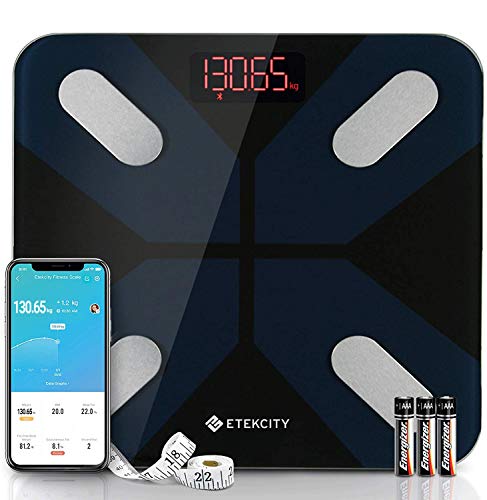 Etekcity Bluetooth Körperfettwaage, Personenwaage digital mit Intelligenten APP für Körpergewicht, Fett, BMI, Muskelmasse, Wasser, Protein usw, 28st/180kg/400lb, Einschließlich Batterien, Schwarz
