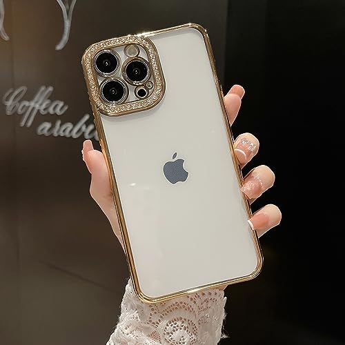 FIFTHAVE Handyhülle für iPhone 14 Plus Glitzer Transparent Hülle Strass Bling Diamant Schutzhülle Glänzend Crystal Clear Silikon Case Weich TPU Stoßfeste Cover für iPhone 14 Plus 6.7''Gold