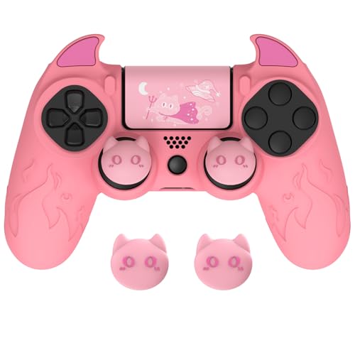 PlayVital Cute Dämon silikonhülle für ps4 Controller, Anti-Rutsche Schutzhülle Cover Skin für ps4 Controller, Protector Case für Playstation 4 Slim/Pro Controller-Rosa