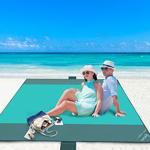 NHOWIN Stranddecke Sandfrei Wasserdicht, Super Groß 210cm x 200cm Strandmatte with 3 Reißverschlusstasche, Ultraleicht und Tragbar Picknickdecke 0.36kg für den Strand, Campen, Picknick, Ausflüge