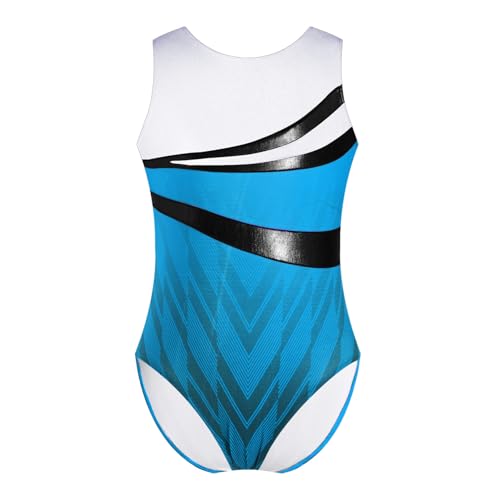 Agoky Unisex Kinder Turnanzug Metallic Farbblock Gymnastikanzug Ärmellos Rundhals Sportbody Ballett Tanz Training Leotard Dancewear Hellblau 170