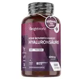 Hyaluron Kapseln - 600mg pro Kapsel - 120 vegane Hyaluronsäure Kapseln - 4 Monate Vorrat - Niedrige Molekülgröße (500-700 KDA) - Hyaluronic Acid - Alternative zu Seren & Tabletten - WeightWorld