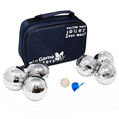 Big Game Hunters Boule 6 Kugel Set mit Rostschutz - 3 Haltbare Polierte Metallkugeln pro Spieler mit Gravierten Motiven in Einer Canvas-Tasche