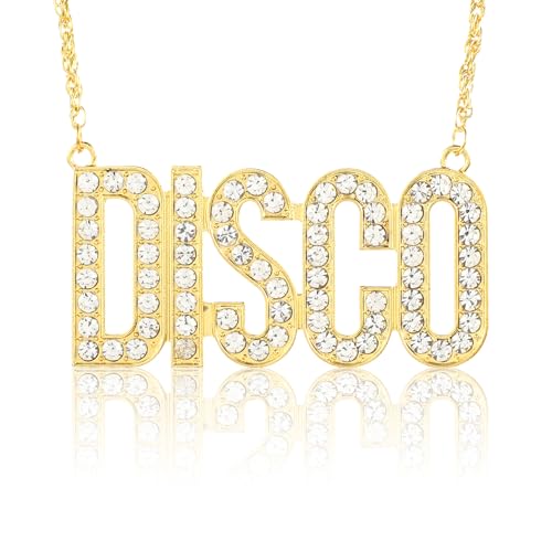 DSLSQD Disco Halskette,Hip Hop Goldkette Halsband,Disco Anhänger Halskette,Bling Hiphop Gold Kette,80er 90er Rapper Goldkette,Disco Zeichen Kette,für Halloween Fasching Karneval Thema Party Kostüm