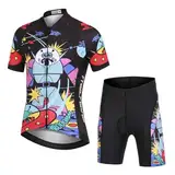 L PATTERN Kinder Radtrikot Set Jungen radsport anzüge (Fahrrad Trikot Kurzarm + Radhose) Mädchen Fahrradbekleidung Anzug mit Sitzpolster, Roboter auf Schwarz, 152/158(Tag:XXXL)