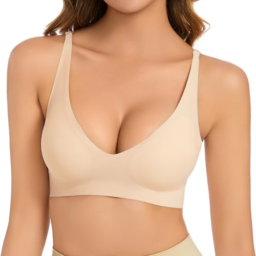 Vijamiy BH Damen Ohne Bügel V Ausschnitt Komfort Soft BH Push Up Seamless BH Leicht Gepolsterte Brüste Für Einen Gefühlsfreien Sitz Bralette Damen(Farbe,S)