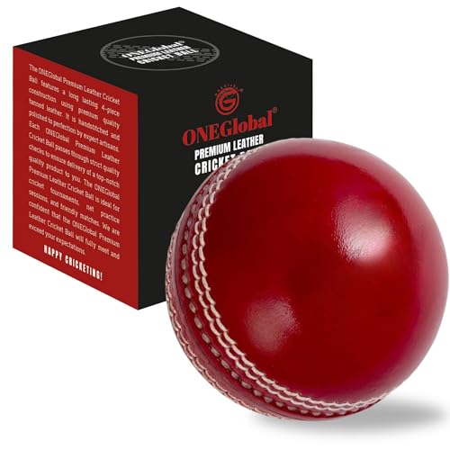ONEGlobal Premium-Leder-Cricketball mit 100 % handgenähter Naht,156 G Matchball, 4-teilige Konstruktion und hochwertigem, gegerbtem Leder,ideal für Liga-Spiele, Turniere, Net-Übung (1 Packung, rot)