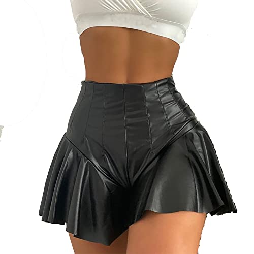 Ledershorts Damen Sexy Wetlook Lack und Leder Mini Lederrock Shorts Frauen Hotpants Festival Rave Techno Pole Dance Outfit Lara Croft Kostüm Halloween Karneval Party Faschingskostüme Schwarz 10 XL