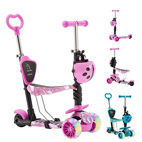 Arebos 3-in-1 Kinderroller mit Rückenlehne für Jungen & Mädchen | Cityroller Tretroller Scooter höhenverstellbarer Lenker & Sitz | LED-XXL Räder Tritt-Bremse | bis 50 kg belastbarer Roller | Pink