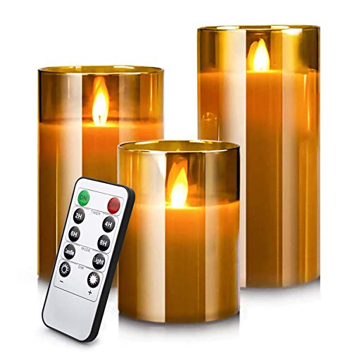 Yinuo Mirror Led Kerzen mit Timerfunktion, Flackernde Flamme mit Fernbedienung, Bad Deko, Tischdeko Wohnzimmer, Größe 10/12,5/15cm Hoch, 7,5 cm Durchmesser