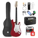 Donner E-Gitarre Set 39 Zoll mit Verstärker, Tasche, Capo, Gurt, Saiten, Tuner, Kabel und Plektren (Rot)